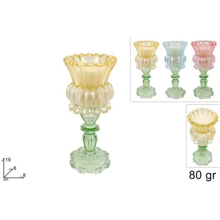 CALICE IN VETRO 19CM C CANDELA 80GR 3COL